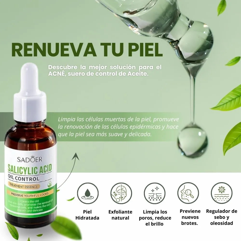 Serum Antiacné Ácido Salicílico de Sadoer - Piel fresca, sin imperfecciones.