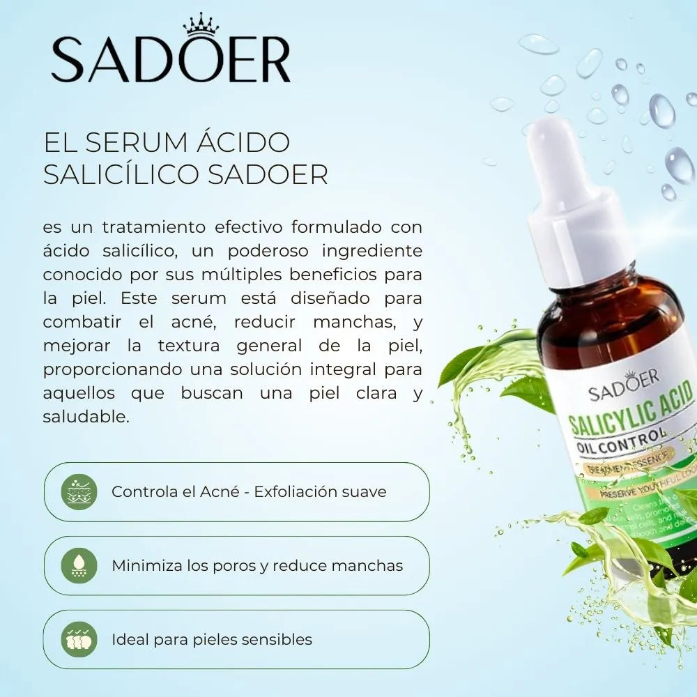 Serum Antiacné Ácido Salicílico de Sadoer - Piel fresca, sin imperfecciones.